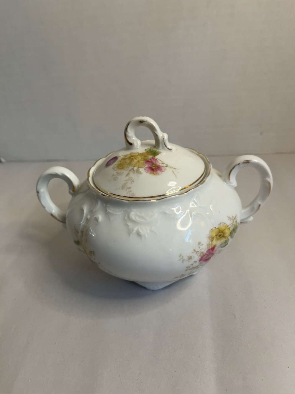 White Porcelain Sugar Bowl with Pink & Yellow Floral Design